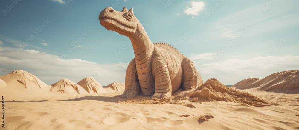 Poster giraffe standing in a desert terrain with sand dunes and a clear blue sky above, embodying the harsh