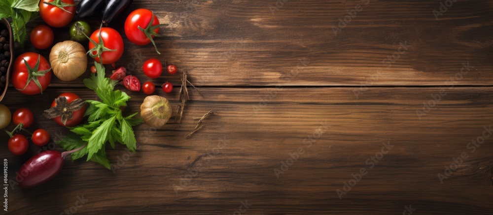 Wall mural Assorted fresh vegetables and herbs arranged on a rustic wooden table surface. with copy space image. Place for adding text or design - Wall murals