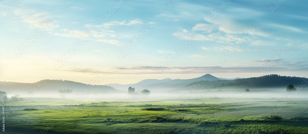 Poster misty early morning scene with a field stretching out into the horizon, a mountain in the background