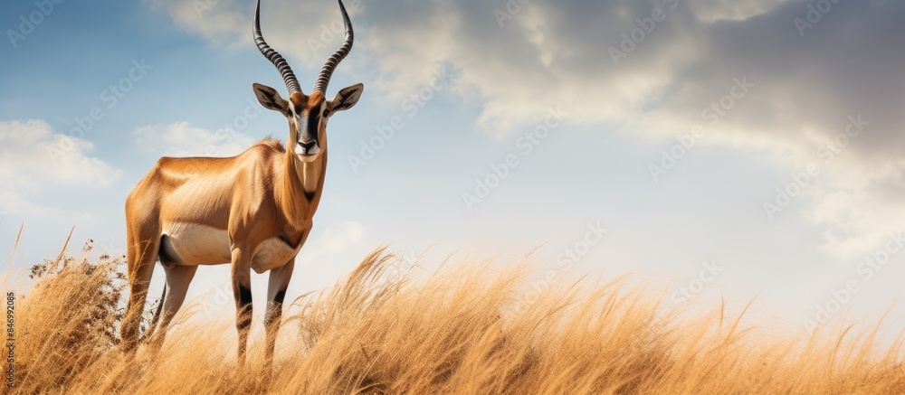 Aufkleber Male hartebeest standing in a field of tall grass with a cloudy sky in the background, turning its head on a mound. with copy space image. Place for adding text or design