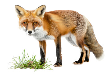 Obraz premium A realistic depiction of a red fox standing on grass, isolated on a transparent background. Perfect for wildlife and nature-themed projects.