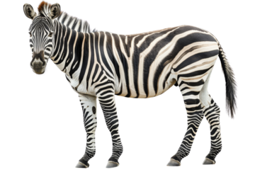 A solitary zebra stands in clear view, showcasing its distinctive black and white stripes against a transparent background.