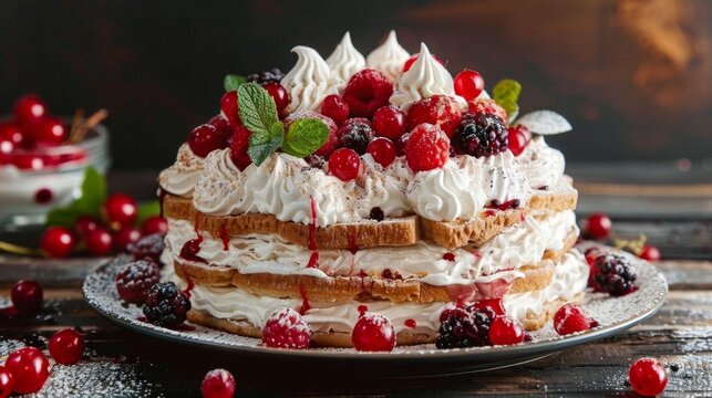 Latvian national dish Rupjmaizes Kartojums rye bread layered dessert whipped cream berries