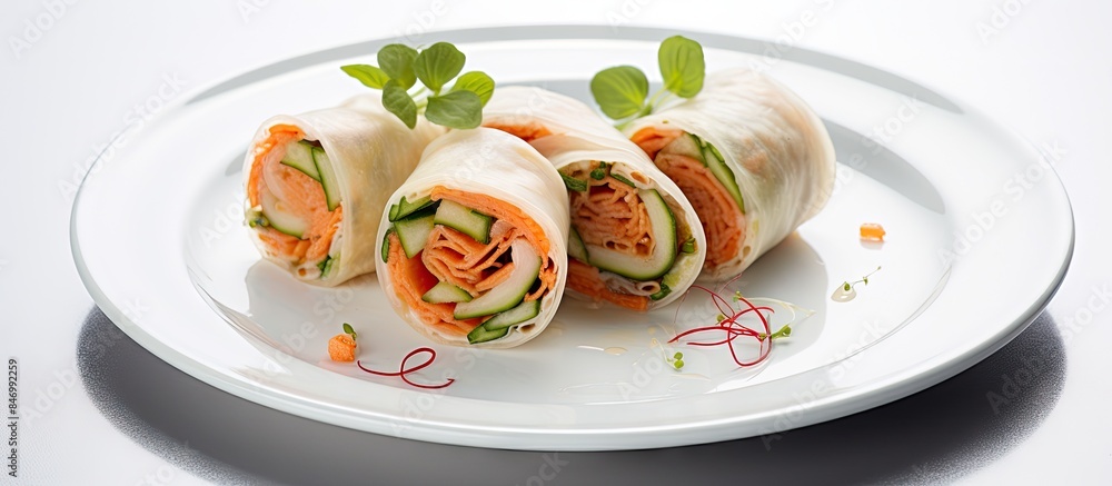 Poster spring rolls containing vegetables neatly presented on a white plate with a garnish of fresh mint sp