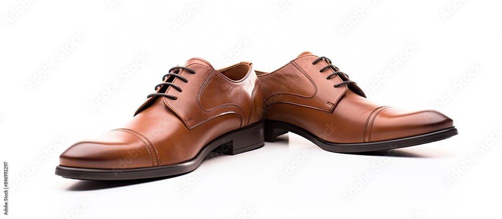 Aufkleber Close-up view of a pair of brown shoes placed on a white surface. with copy space image. Place for adding text or design
