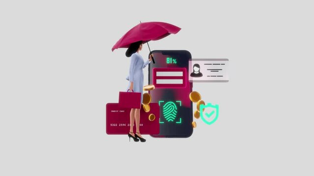 The girl on the arm with an umbrella and well-protected cybersecurity internet and information privacy protection
