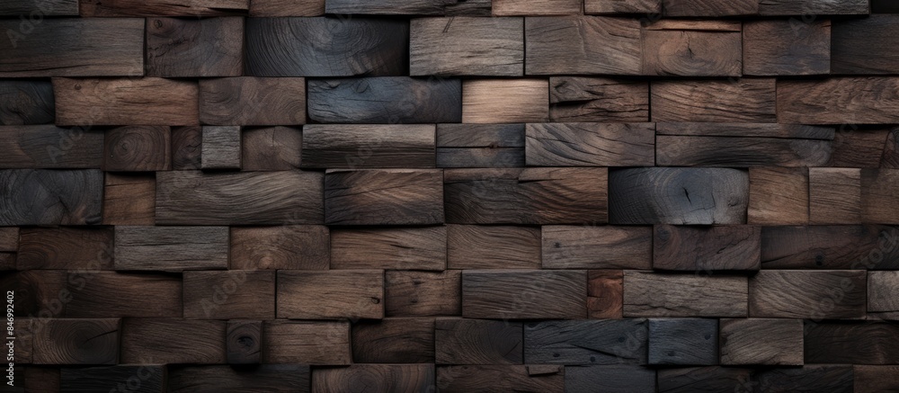 Poster Close-up view of a wooden wall showing a variety of wood blocks stacked together. with copy space image. Place for adding text or design
