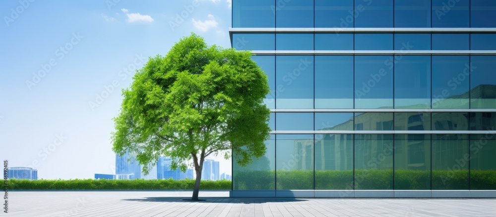 Poster Office building featuring a lush green tree in an urban environment with cityscape in the backdrop. with copy space image. Place for adding text or design