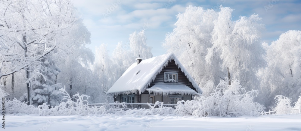 Aufkleber wooden house nestled in a snowy forest during a winter snowfall, roof covered in snow from recent co