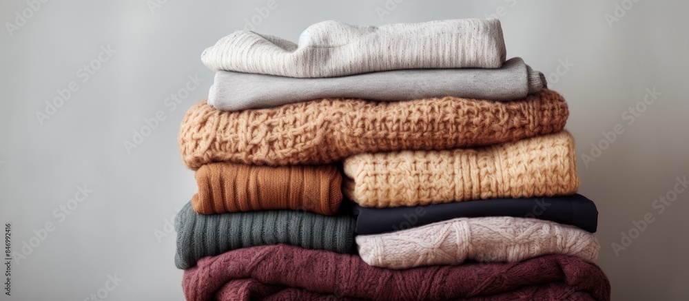Poster pile of cozy winter sweaters made from sustainable materials, promoting slow fashion movement. with 