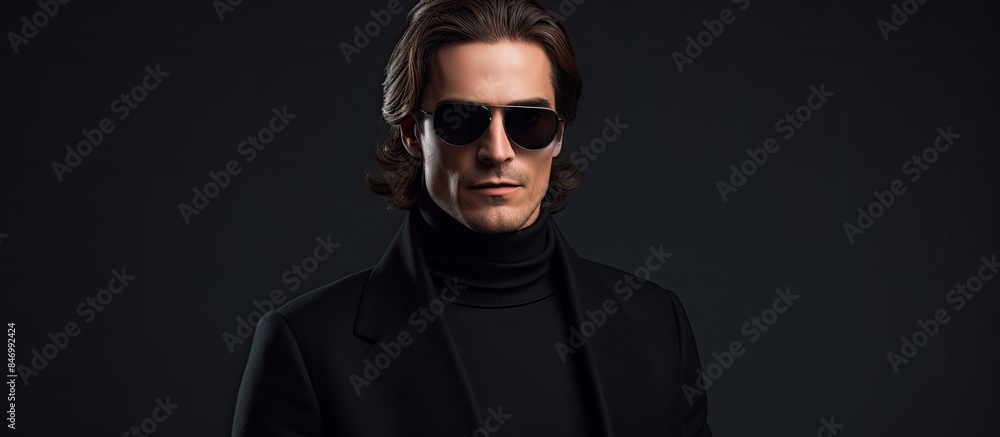 Poster a fashionable man in a sleek black suit and sunglasses striking a pose for a photo. with copy space 