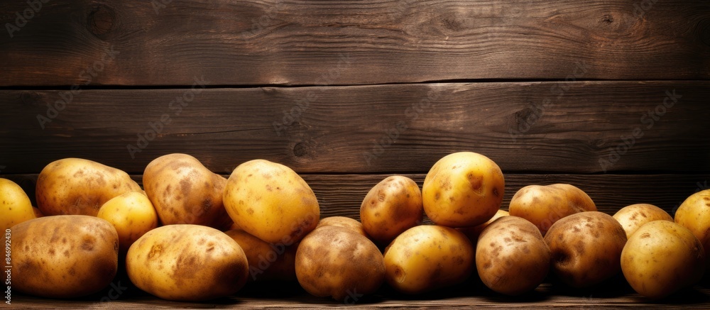 Poster fresh potatoes stacked in a close-up on a rustic wooden table, creating a vintage food still life co