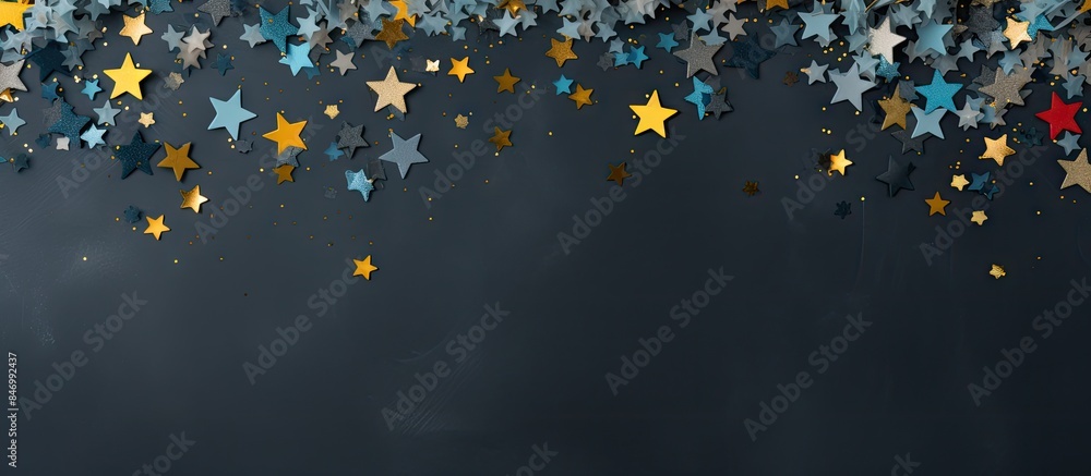 Poster Backdrop featuring gold and blue stars on a dark background, creating a magical and celestial effect. with copy space image. Place for adding text or design