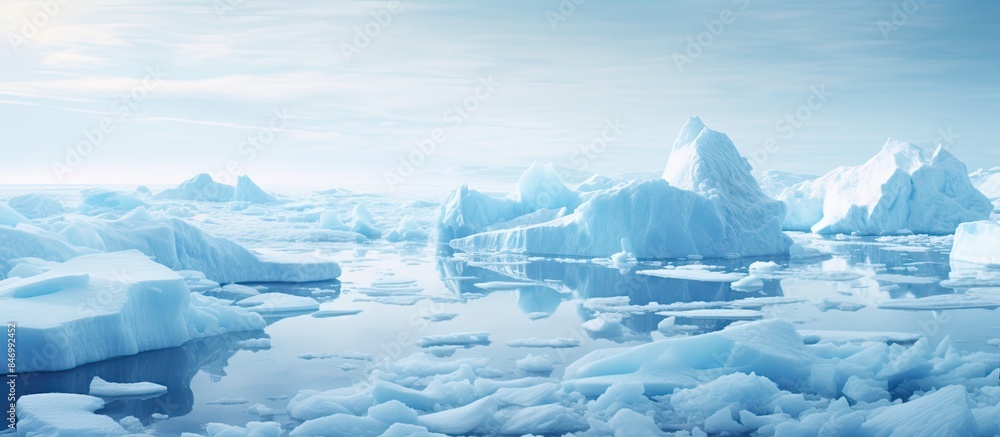 Poster Icebergs peacefully float in the ocean while the sky looms above, showcasing a serene and chilly scene. with copy space image. Place for adding text or design