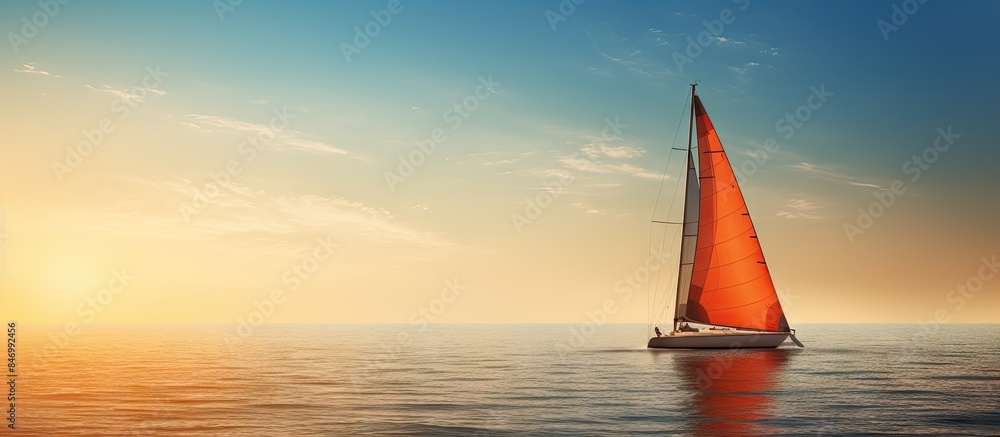 Poster sailboat with vibrant orange sail gliding on the ocean waters during sunset, creating a picturesque 