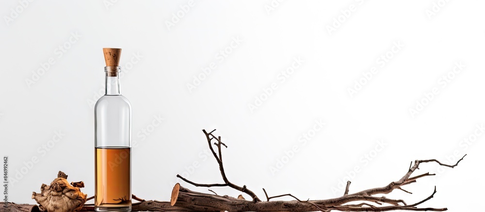 Aufkleber Bottle of alcohol placed on a table alongside a branch, creating a simple yet vibrant composition. with copy space image. Place for adding text or design