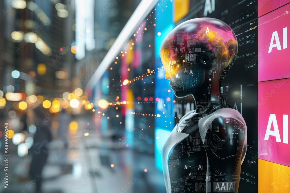 Poster ai digital interface with vibrant colors, highlighting technological innovation, advanced computing 