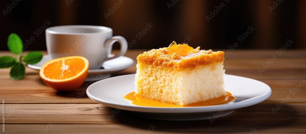 Poster orange cake arranged in a white dish placed on a wooden table. with copy space image. place for addi
