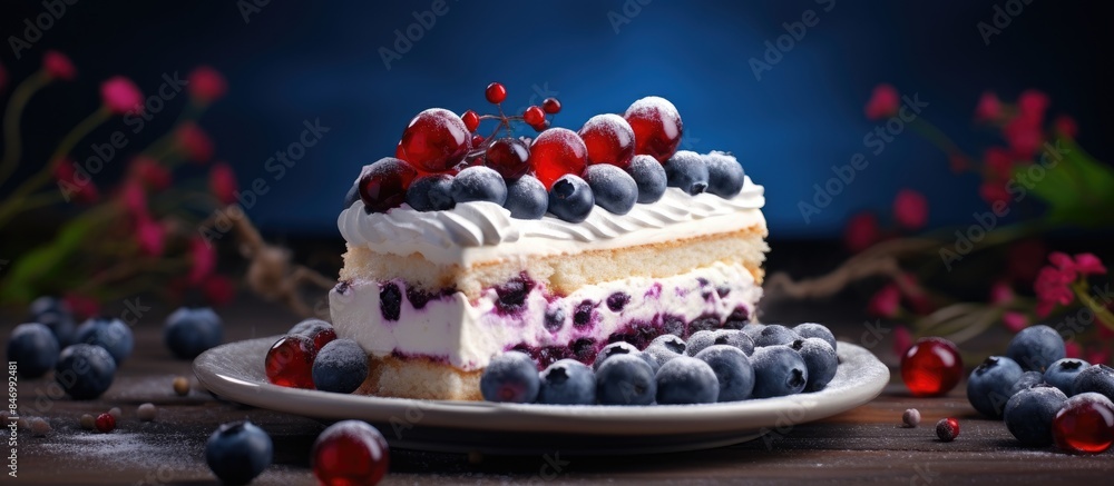 Aufkleber homemade cake adorned with blueberries and cherries on top, a delicious treat. with copy space image
