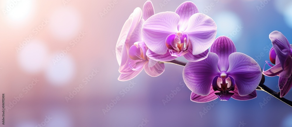 Poster blooming purple orchids elegantly arranged in a vase on a table. with copy space image. place for ad