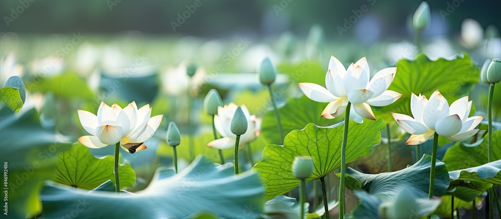 Fototapete Lush green foliage encircles many delicate white blooms in a sprawling field, creating a serene natural setting. with copy space image. Place for adding text or design