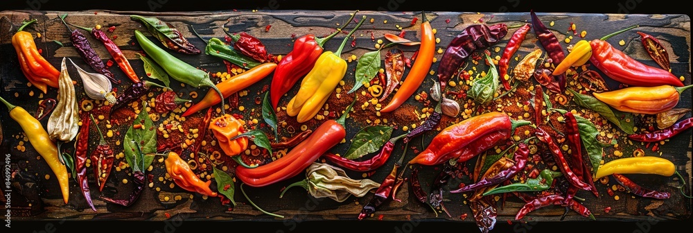 Poster a collection of fresh and dried chili peppers in various colors and sizes, scattered on a rustic woo