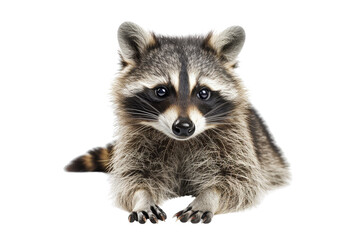 Fototapeta premium Adorable raccoon sitting and looking at the camera with its black and grey fur, isolated on a transparent background.