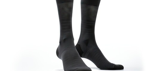 Close-up of black socks with a single black stripe, ideal for varicose veins and sports therapy, isolated on white background. with copy space image. Place for adding text or design