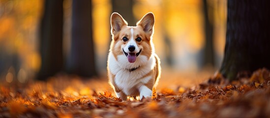 A lively Pembroke Welsh Corgi joyfully running through a picturesque forest filled with autumn leaves during a relaxing walk in the park. with copy space image. Place for adding text or design