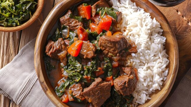 Malagasy national dish Romazava beef stew greens tomatoes ginger rice