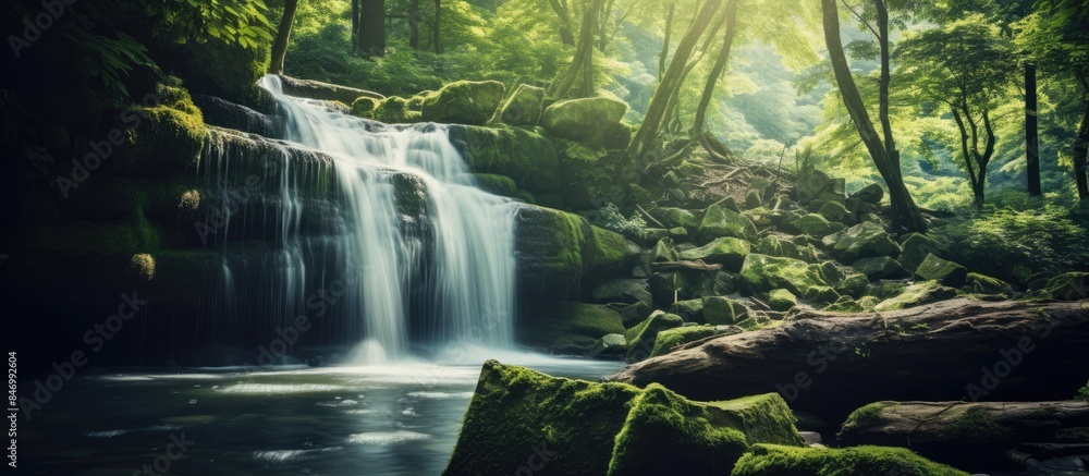 Poster crystal-clear water cascades down a rocky mountainside in the midst of a vibrant green forest. with 
