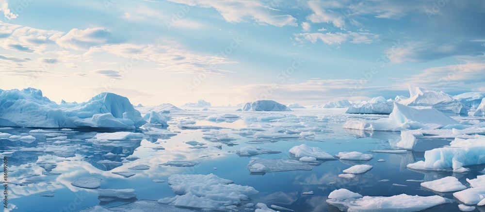 Poster Group of icebergs peacefully floating in the ocean under overcast sky on a calm day. with copy space image. Place for adding text or design