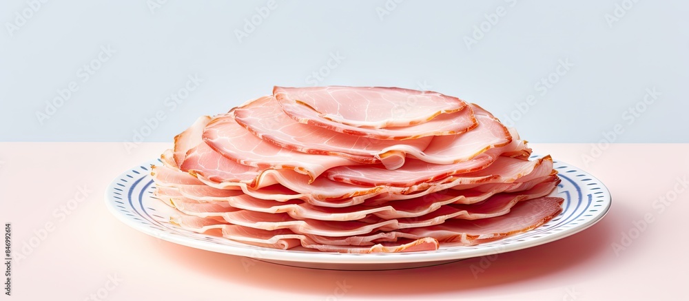 Aufkleber Thin slices of pork ham arranged neatly on a white plate, ready to be served on a table. with copy space image. Place for adding text or design