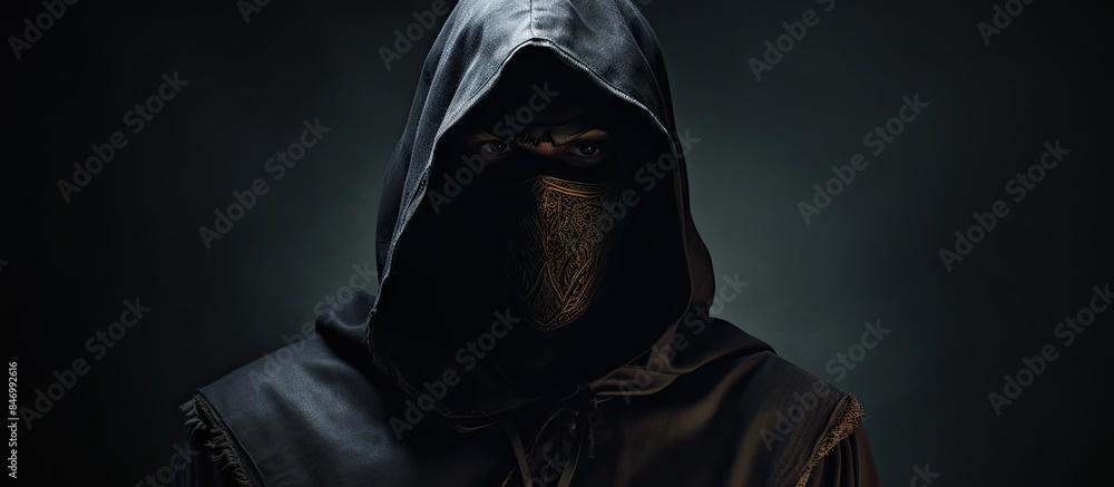 Fototapete hooded figure in black hoodie wearing a creepy executioner's mask with a medieval touch. with copy s