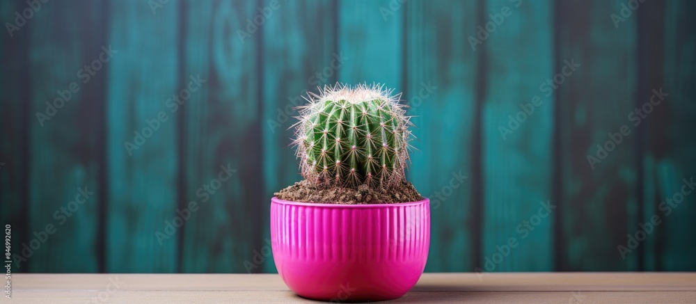 Leinwandbilder small turbinicarpus cactus planted in a pink pot placed on a rustic wooden table surface. with copy 