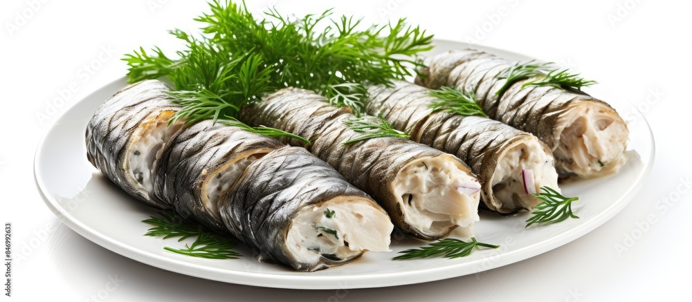 Poster plate of fish wrapped in a thin roll, displayed with isolated salted herring rollmops on white backg