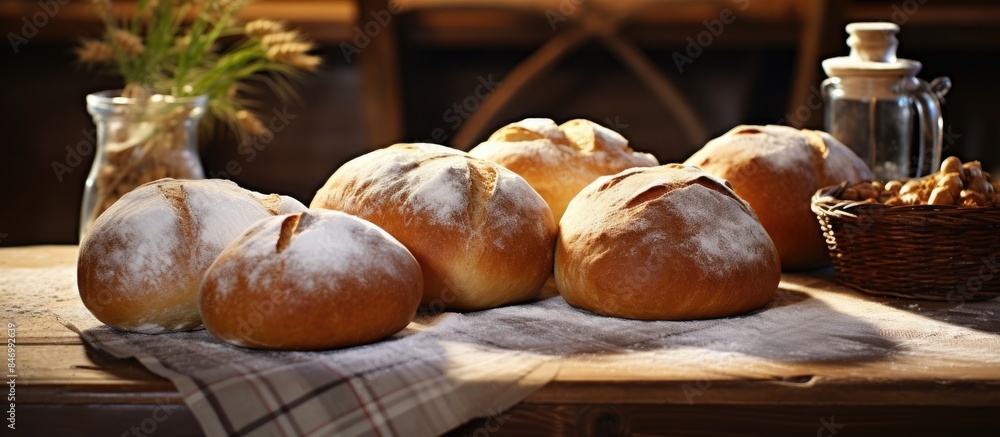 Poster some loaves of bread are displayed on a table alongside a basket of nuts. with copy space image. pla
