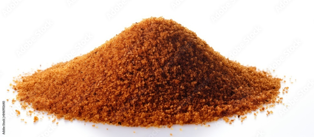 Poster Close-up view of a mound of brown sugar on a clean white tabletop surface. with copy space image. Place for adding text or design