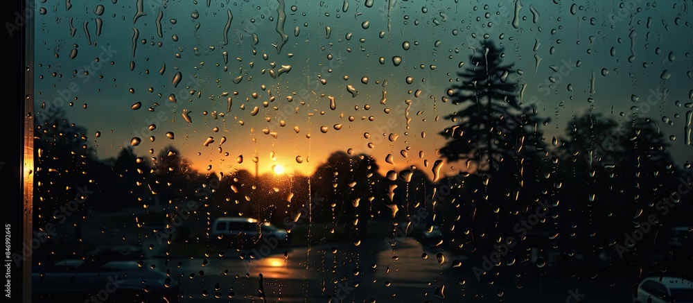 Aufkleber View of a picturesque sunset seen through a window covered in raindrops, creating a serene and reflective atmosphere. with copy space image. Place for adding text or design