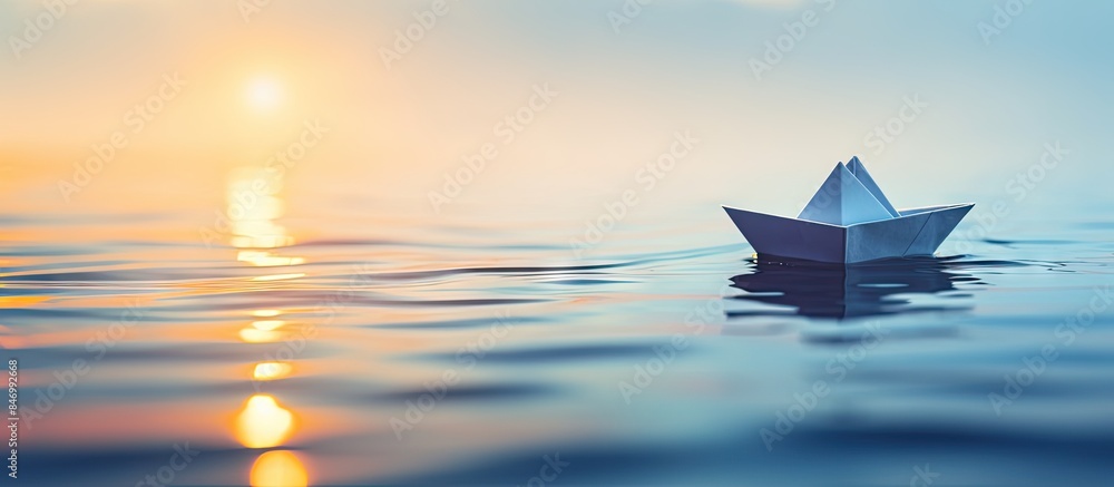 Poster Paper boat floating peacefully on the serene waters. with copy space image. Place for adding text or design