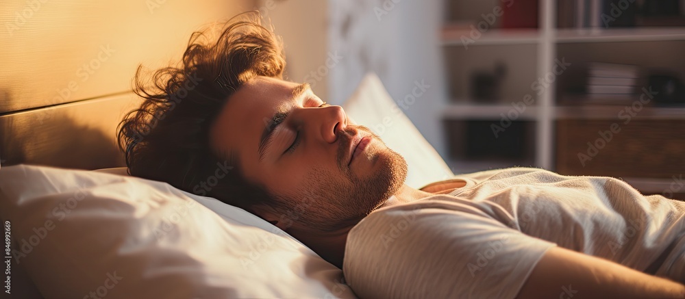 Poster Young man is deeply sleeping in bed, snoring with eyes closed and head resting on pillow. with copy space image. Place for adding text or design
