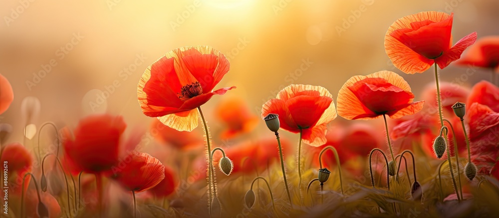 Fototapete Field adorned with vibrant red flowers illuminated by sun's rays. with copy space image. Place for adding text or design