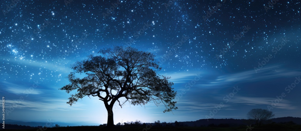 Poster Lone tree standing in the middle of a vast field under a beautifully starlit night sky. with copy space image. Place for adding text or design