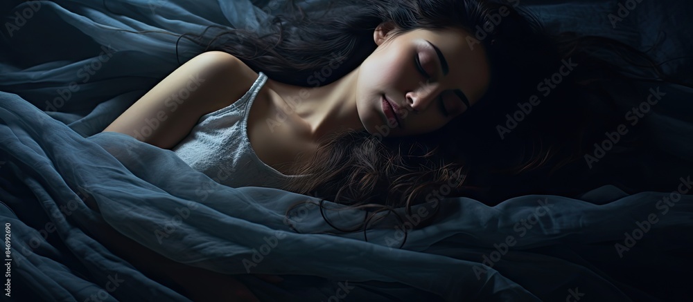 Poster woman peacefully sleeping on a bed with blue sheets and pillows in a bedroom setting. with copy spac