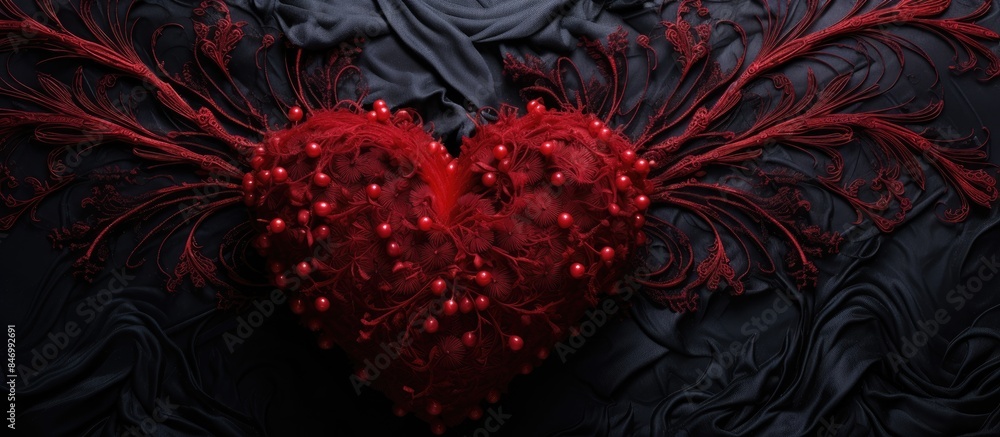 Poster A vibrant red heart adorned with delicate red feathers displayed on a sleek black background. with copy space image. Place for adding text or design