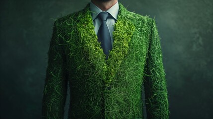 A businessman in a suit made from grass and moss, symbolizing green jobs and sustainable business practices. Emphasizing a nature-friendly and ecological approach to modern business.