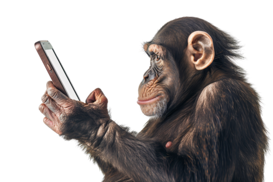 Chimpanzee using a smartphone. Concept of technology and animals. Isolated on transparent background. Unique and humorous stock photo.