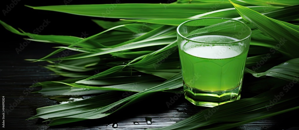 Fototapete close-up view of a glass filled with green liquid placed next to a vibrant leaf. with copy space ima