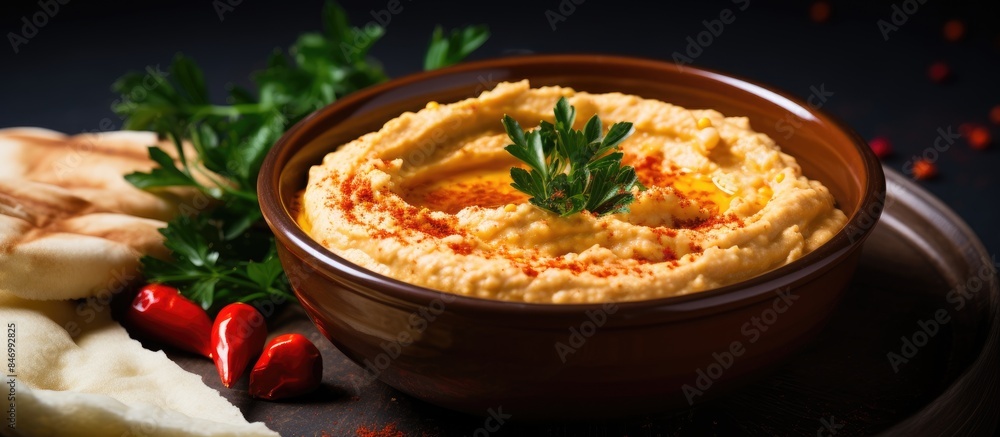 Aufkleber bowl of traditional chickpea hummus served with pita bread and topped with paprika, accompanied by f