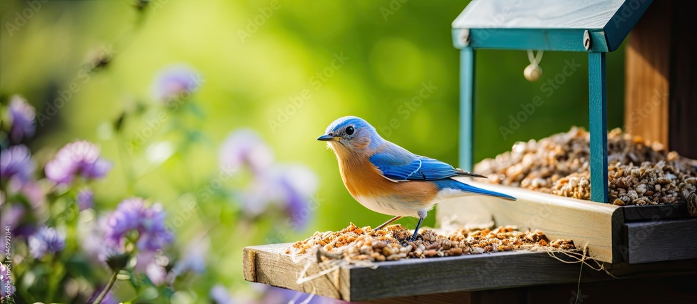 Poster blue bird on feeder with male eastern bluebird enjoying a mealworm snack, vibrant colors in nature. 